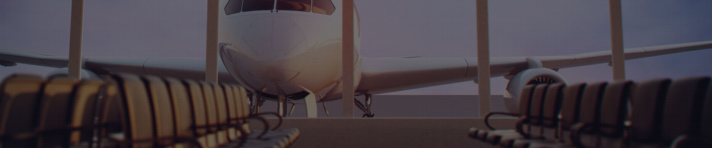 Empty airport terminal with airplane outside